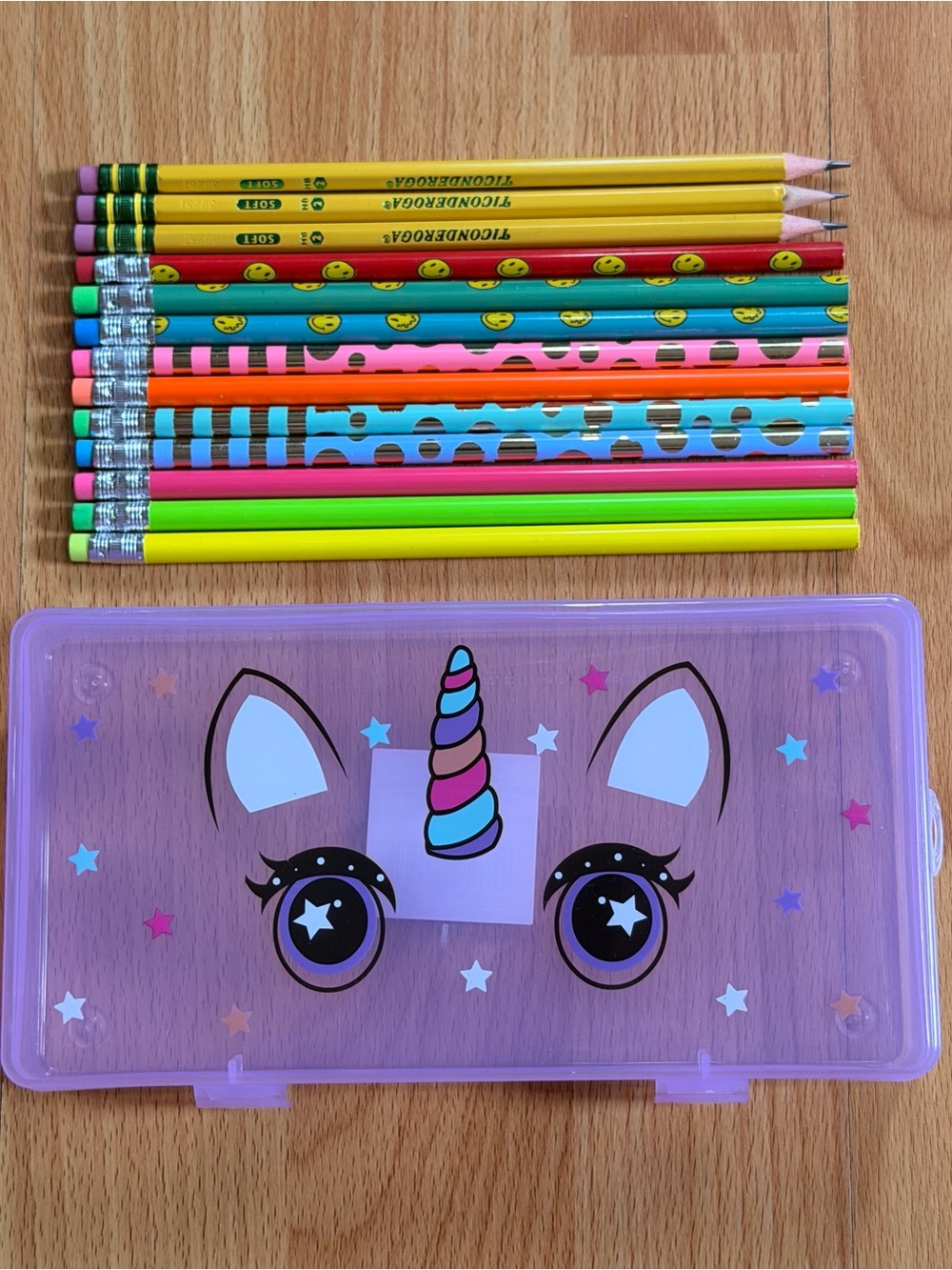 Purple Unicorn Pencil Case and Assorted Color Pencils